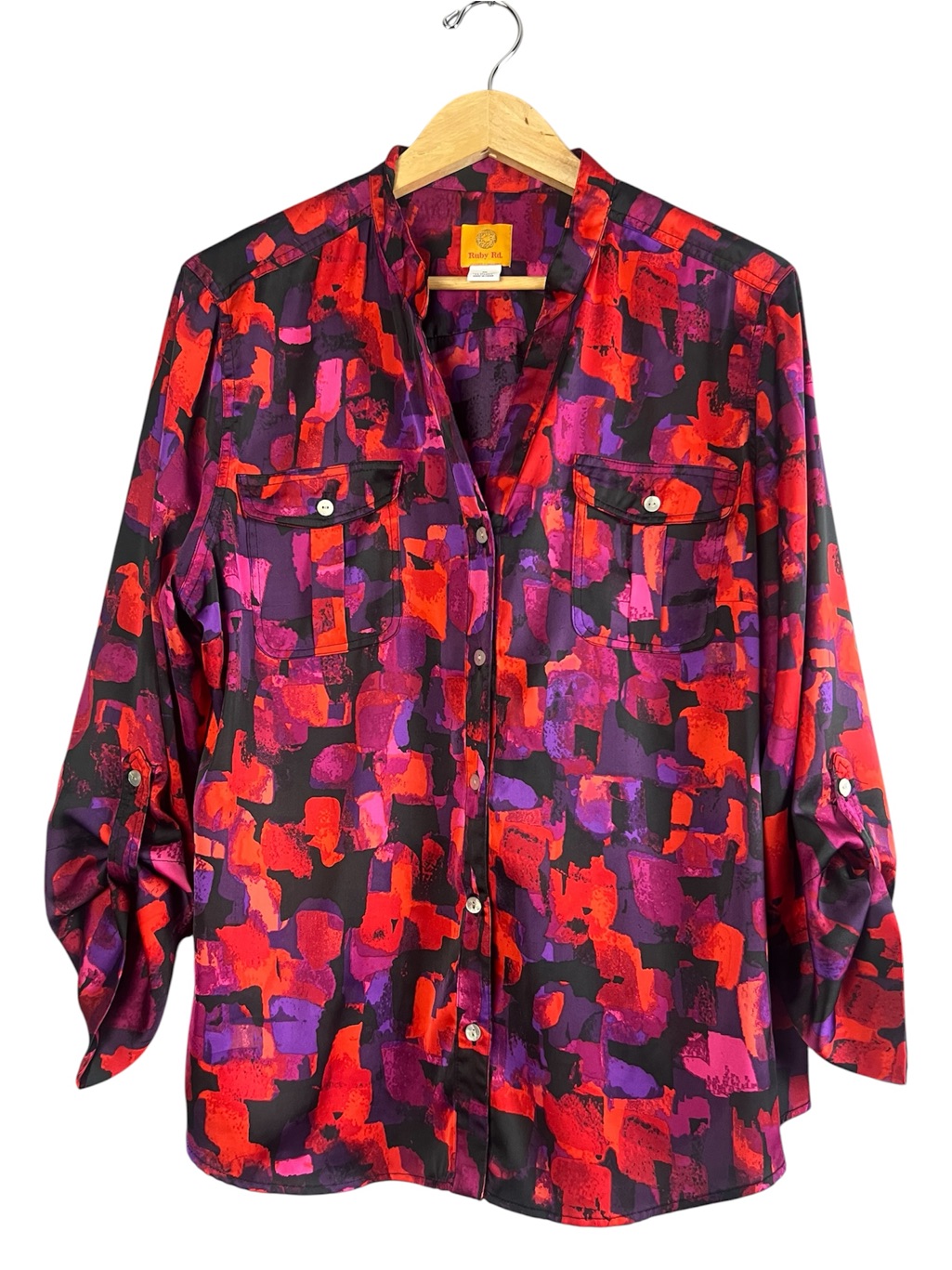 Ruby Rd. Vibrant Abstract Watercolor Roll Tab Sleeve Button Down Shirt Size 18